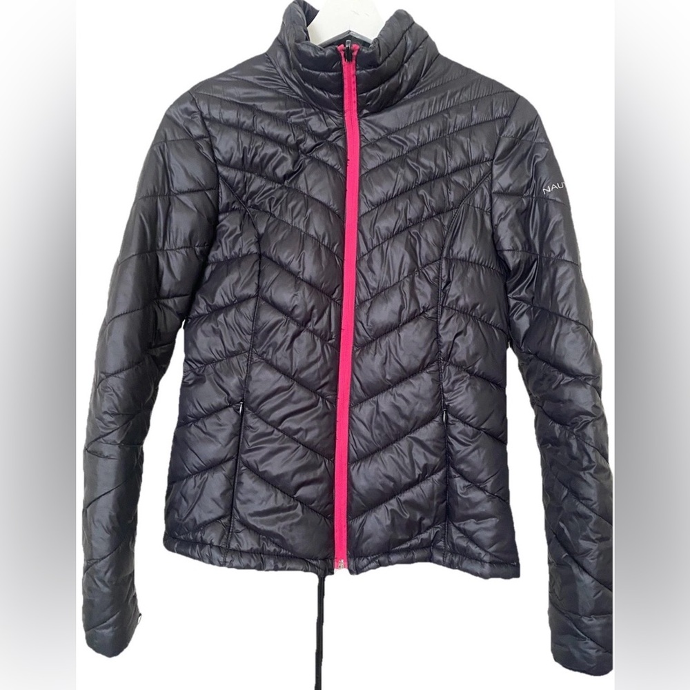Nautica Women’s Black Puffer Jacket with Pink Full Zip